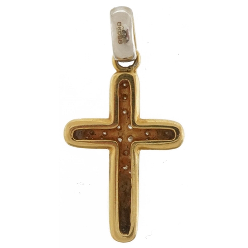 3188 - 18ct two tone gold diamond cross pendant, 2.8cm high, 2.8g