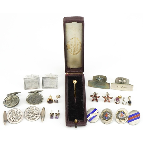 3730 - Mostly silver jewellery and an unmarked gold stickpin including cufflinks and multi gem earrings, th... 