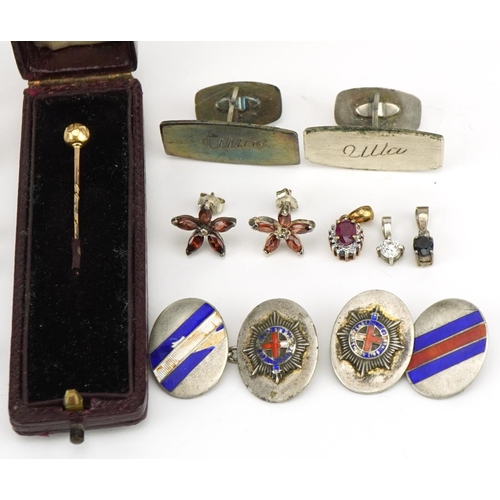 3730 - Mostly silver jewellery and an unmarked gold stickpin including cufflinks and multi gem earrings, th... 