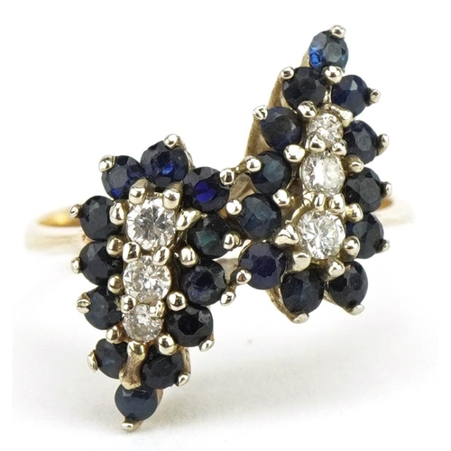 3042 - Unmarked gold diamond and sapphire cocktail ring, tests as 9ct gold, size L/M, 3.0g