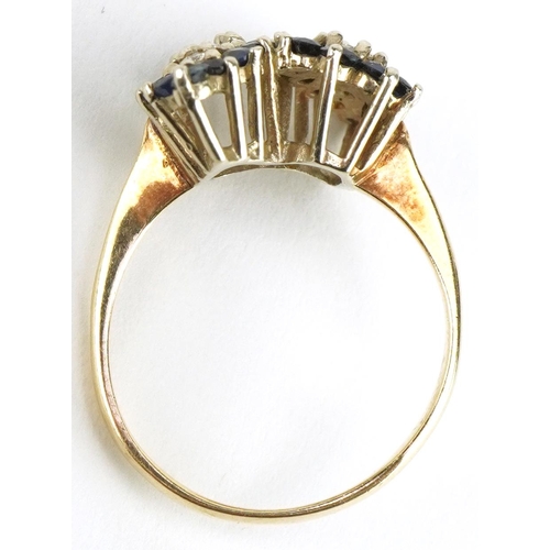 3042 - Unmarked gold diamond and sapphire cocktail ring, tests as 9ct gold, size L/M, 3.0g