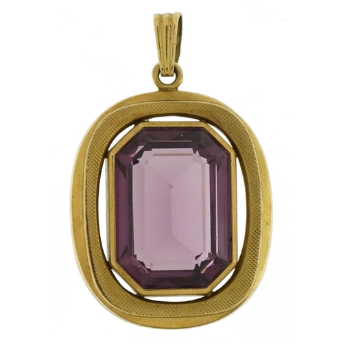 3458 - Modernist 9ct gold purple stone pendant, 3.6cm high, 5.7g