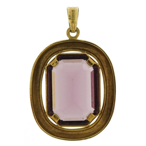 3458 - Modernist 9ct gold purple stone pendant, 3.6cm high, 5.7g