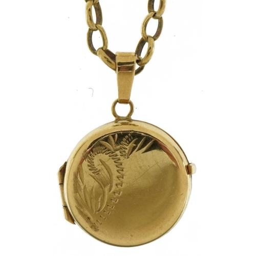 3465 - 9ct gold engraved locket on a silver Belcher link bracelet, 18cm in length, 3.3g