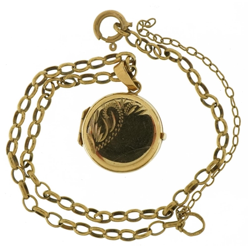 3465 - 9ct gold engraved locket on a silver Belcher link bracelet, 18cm in length, 3.3g