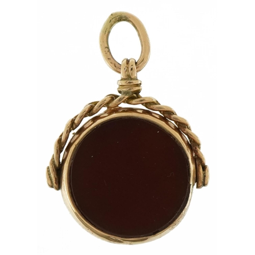 3617 - Victorian 9ct rose gold bloodstone and carnelian spinner fob, 2.6cm high, 5.3g