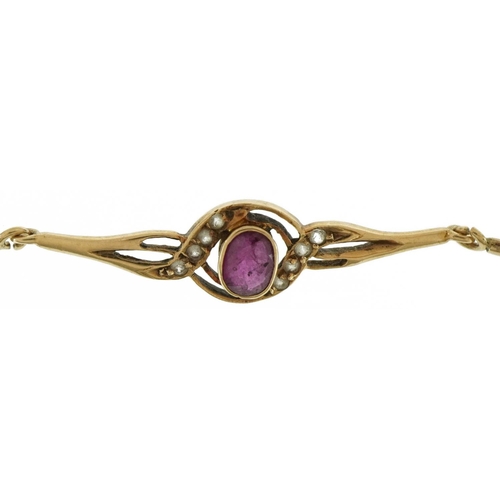 3621 - 14ct gold ruby and clear stone bracelet, approximately 16cm in length, 3.5g