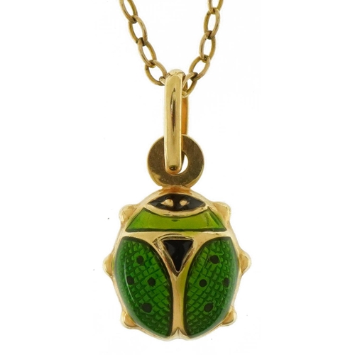 3684 - 9ct gold green enamelled ladybird pendant on a 9ct gold necklace, 1.9cm high and 50cm in length, 2.2... 