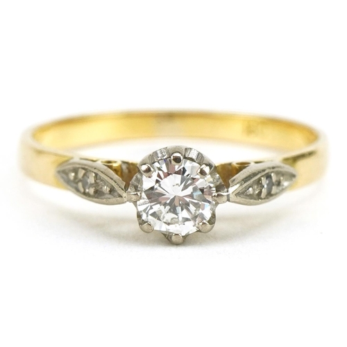 3054 - 18ct gold diamond solitaire ring with diamond set shoulders, the central diamond approximately 0.30 ... 