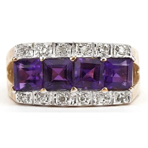 3342 - 9ct gold amethyst and diamond three row ring, size L, 3.8g