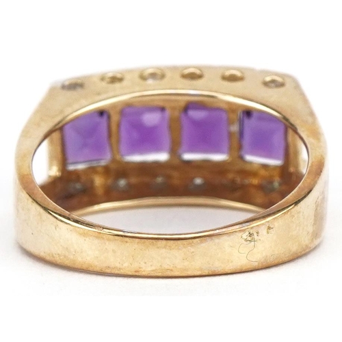 3342 - 9ct gold amethyst and diamond three row ring, size L, 3.8g