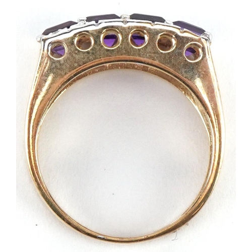 3342 - 9ct gold amethyst and diamond three row ring, size L, 3.8g