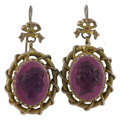 3530 - Pair of Antique gilt metal cameo amethyst glass earrings relief decorated with maiden's heads, 4cm h... 