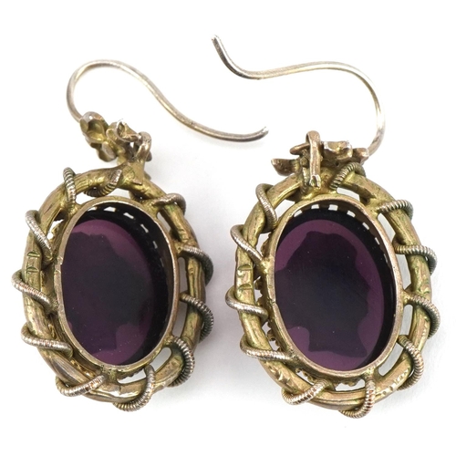 3530 - Pair of Antique gilt metal cameo amethyst glass earrings relief decorated with maiden's heads, 4cm h... 