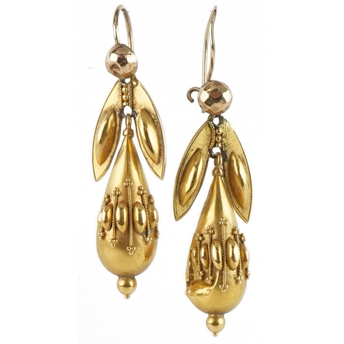 3092 - Pair of Victorian unmarked gold naturalistic drop earrings with embossed decoration, tests as 15ct g... 