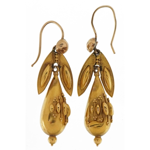 3092 - Pair of Victorian unmarked gold naturalistic drop earrings with embossed decoration, tests as 15ct g... 