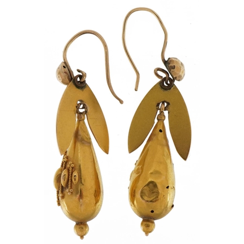 3092 - Pair of Victorian unmarked gold naturalistic drop earrings with embossed decoration, tests as 15ct g... 