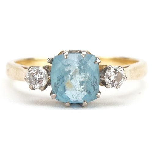 3039 - 18ct gold aquamarine and diamond three stone ring, the aquamarine approximately 6.70mm x 6.70mm x 5.... 