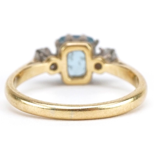 3039 - 18ct gold aquamarine and diamond three stone ring, the aquamarine approximately 6.70mm x 6.70mm x 5.... 