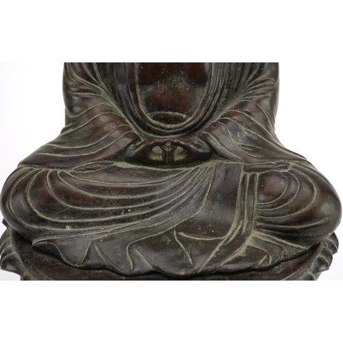 69 - Large Chinese patinated bronze figure of Shakyamuni Buddha on lotus stand, 37cm high