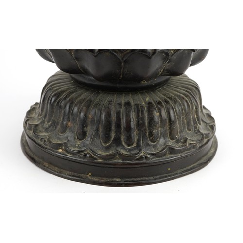 69 - Large Chinese patinated bronze figure of Shakyamuni Buddha on lotus stand, 37cm high