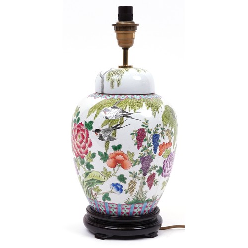 2677 - Chinese porcelain jar and cover table lamp on hardwood stand hand painted in the famille verte palet... 