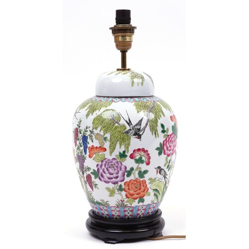 2677 - Chinese porcelain jar and cover table lamp on hardwood stand hand painted in the famille verte palet... 