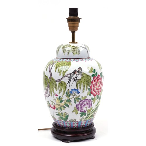 2677 - Chinese porcelain jar and cover table lamp on hardwood stand hand painted in the famille verte palet... 