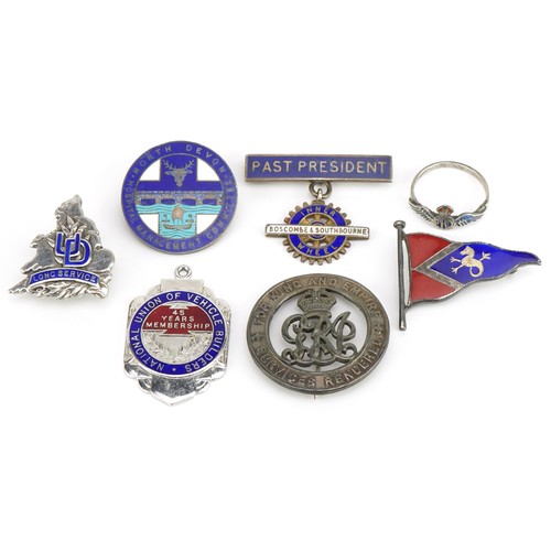 2360 - Silver jewels, brooches and badges, some enamel, including RAF sweetheart ring, Services Rendered ca... 