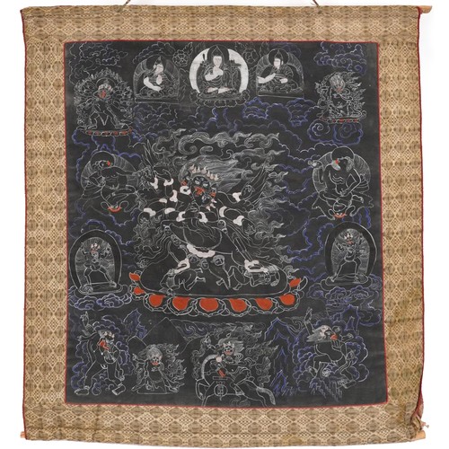 428 - Tibetan wall hanging Buddhist thangka hand painted with deities and immortals, overall 85cm x 73cm