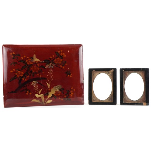 203 - Japanese lacquer comprising a good album cover with bone inlay and a pair of Maki-e lacquer frames w... 