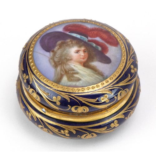 256 - Dresden, German porcelain cobalt blue ground box and cover with lift off lid hand painted with a por... 