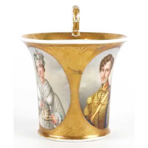 254 - Early 19th century European porcelain cup hand painted with oval portraits of young Queen Victoria a... 