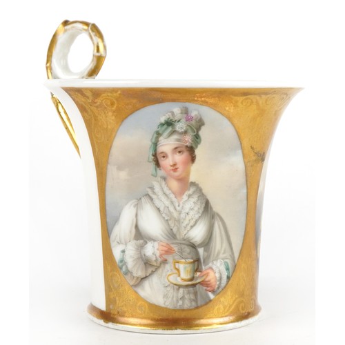 254 - Early 19th century European porcelain cup hand painted with oval portraits of young Queen Victoria a... 