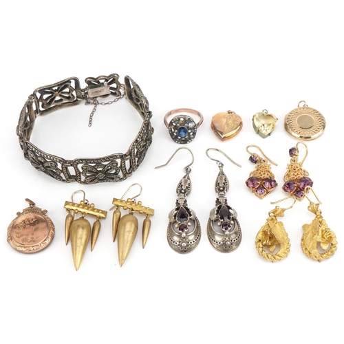 3570 - Victorian and later jewellery including naturalistic drop earrings, pair of unmarked silver garnet d... 