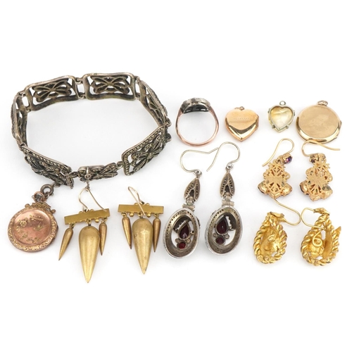 3570 - Victorian and later jewellery including naturalistic drop earrings, pair of unmarked silver garnet d... 