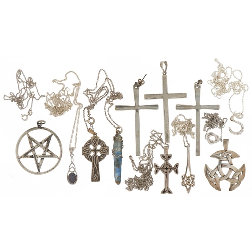 3627 - Silver and white metal jewellery including cross pendants on chains, large pair of cross earrings, C... 