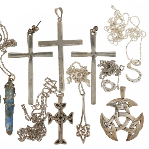 3627 - Silver and white metal jewellery including cross pendants on chains, large pair of cross earrings, C... 