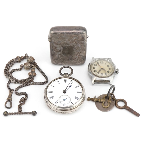 3566 - Jewellery and objects comprising silver open face pocket watch on a Victorian white metal watch chai... 