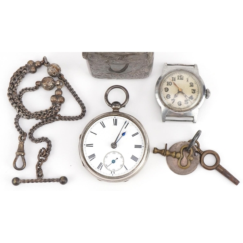 3566 - Jewellery and objects comprising silver open face pocket watch on a Victorian white metal watch chai... 