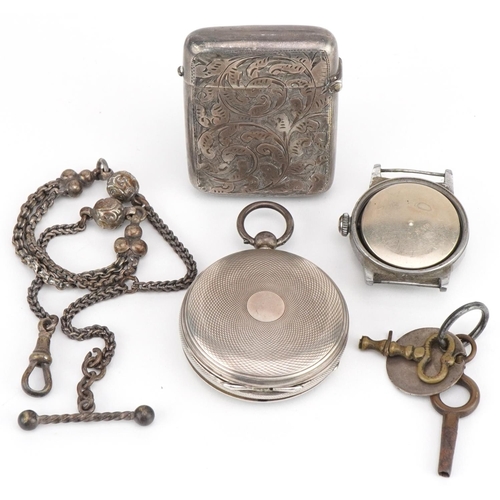 3566 - Jewellery and objects comprising silver open face pocket watch on a Victorian white metal watch chai... 