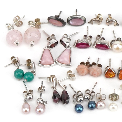 3667 - Selection of mostly silver earrings, some set with semi precious stones, including tiger's eye, ambe... 