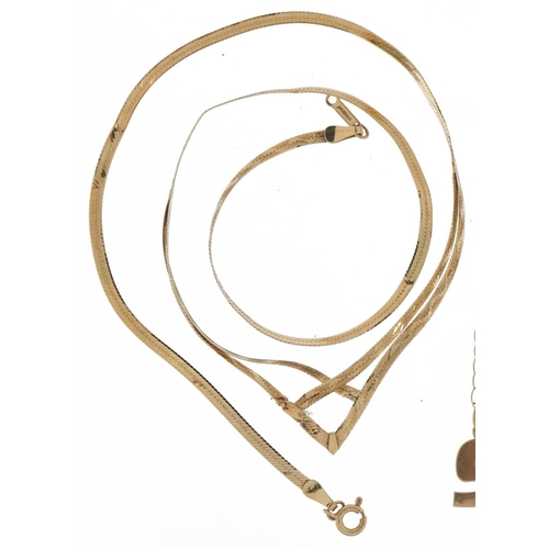 3615 - 9ct gold jewellery comprising five necklaces, initial S pendant and bracelet, the largest 44cm in le... 