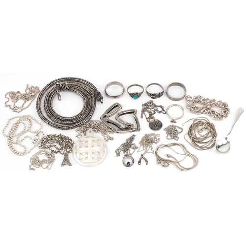 3622 - Silver jewellery including Middle Eastern necklace, necklaces, pendants, rings and a carved mother o... 