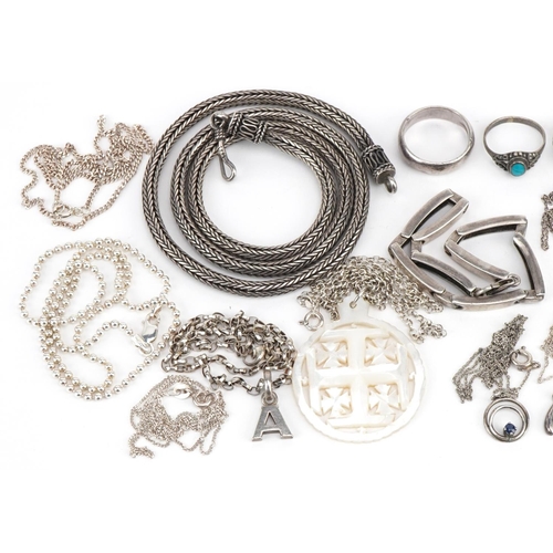 3622 - Silver jewellery including Middle Eastern necklace, necklaces, pendants, rings and a carved mother o... 