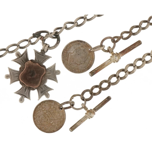 3596 - Three silver watch chains with T bars, silver sports jewel, 1917 threepenny bit and 1835 Maundy four... 