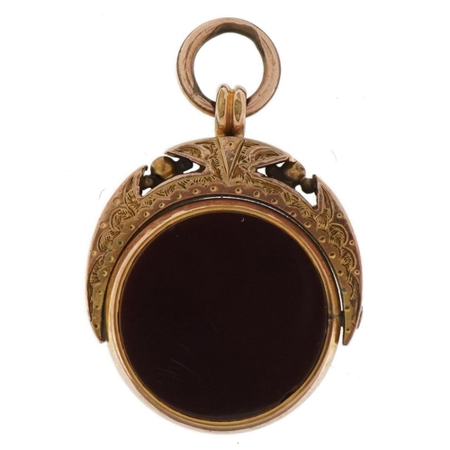 3176 - Victorian unmarked rose gold bloodstone and carnelian spinner fob, tests as 9ct gold, 2.2cm high, 6.... 