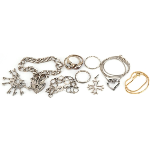 3624 - 9ct gold herringbone bracelet and silver jewellery including bracelets and I love you bunch of keys ... 