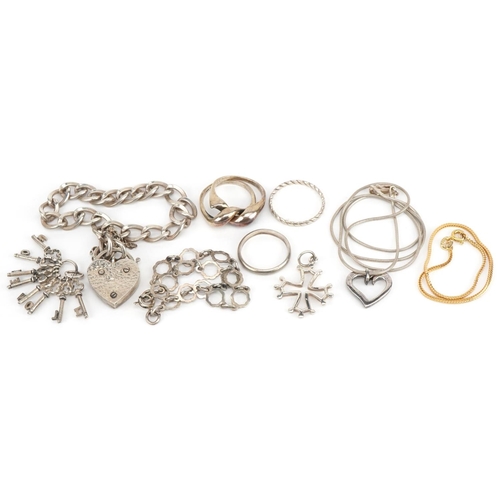 3624 - 9ct gold herringbone bracelet and silver jewellery including bracelets and I love you bunch of keys ... 