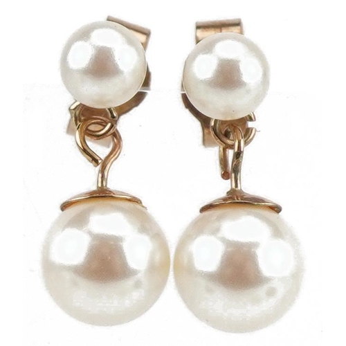 3587 - Pair of 9ct gold cultured pearl drop earrings, 1.5cm high, 1.3g